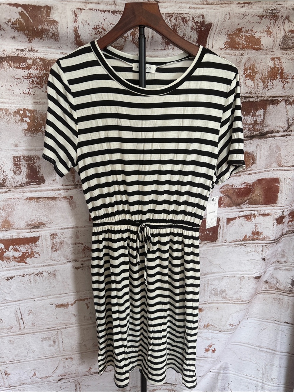 Espresso Black and White Striped Drawstring Waist Dress